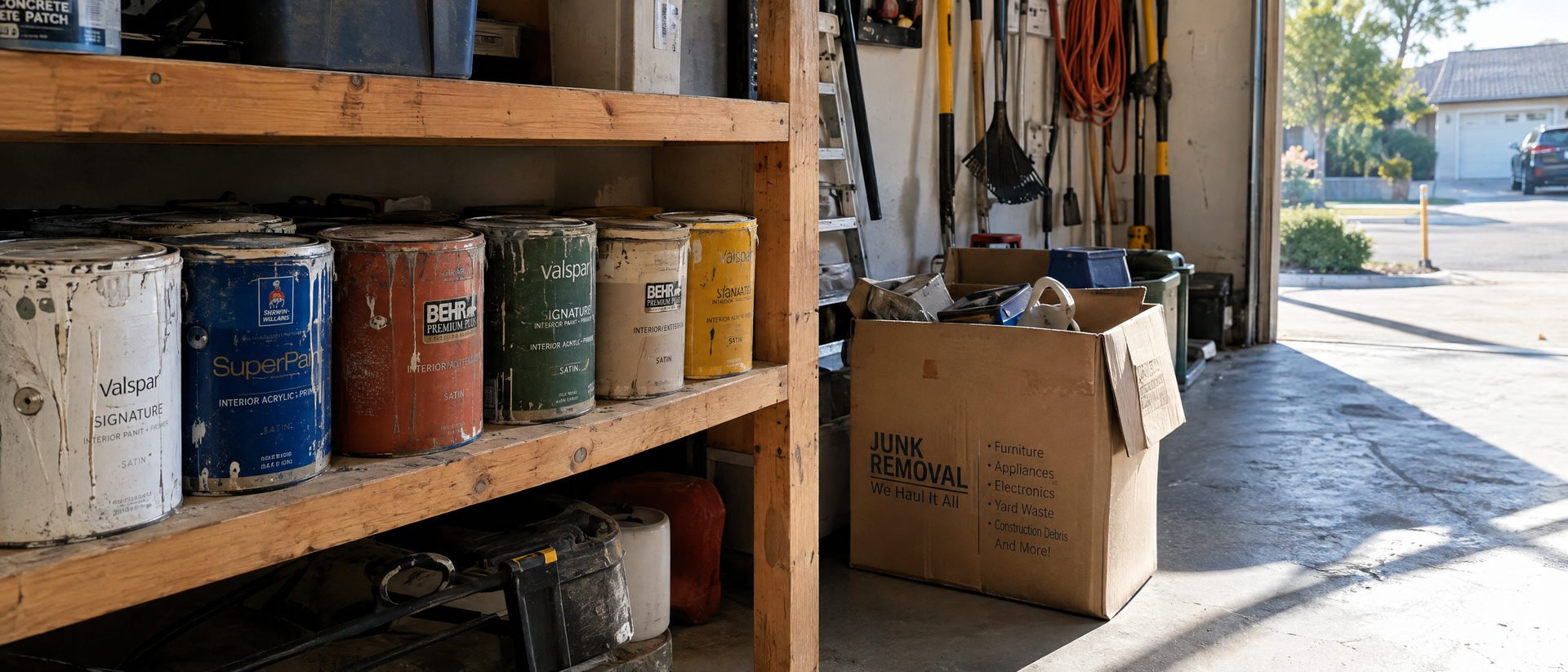 A shelf of leftover paint cans in a Santee, CA garage awaiting proper disposal