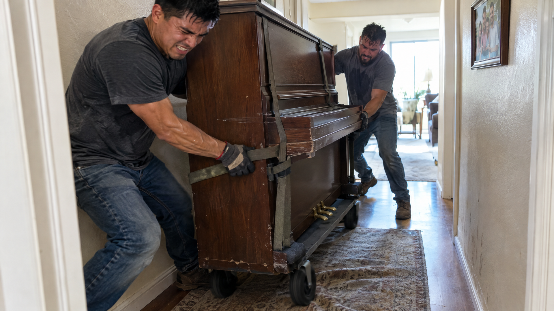 Junk removal crew moving an upright piano through a hallway in a Santee, CA home