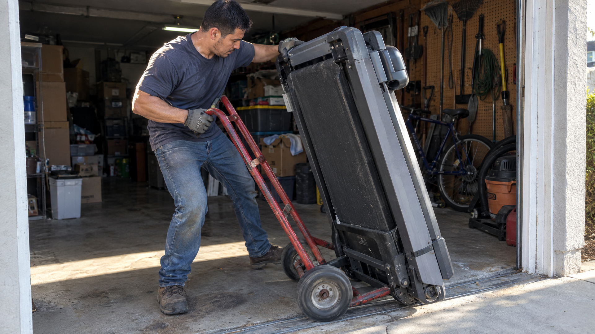 Junk removal crew moving a treadmill out of a Santee, CA garage