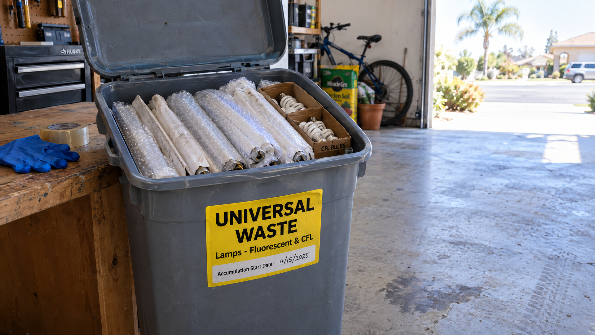 Fluorescent tubes and CFL bulbs sorted into a labeled universal waste container in Santee, CA