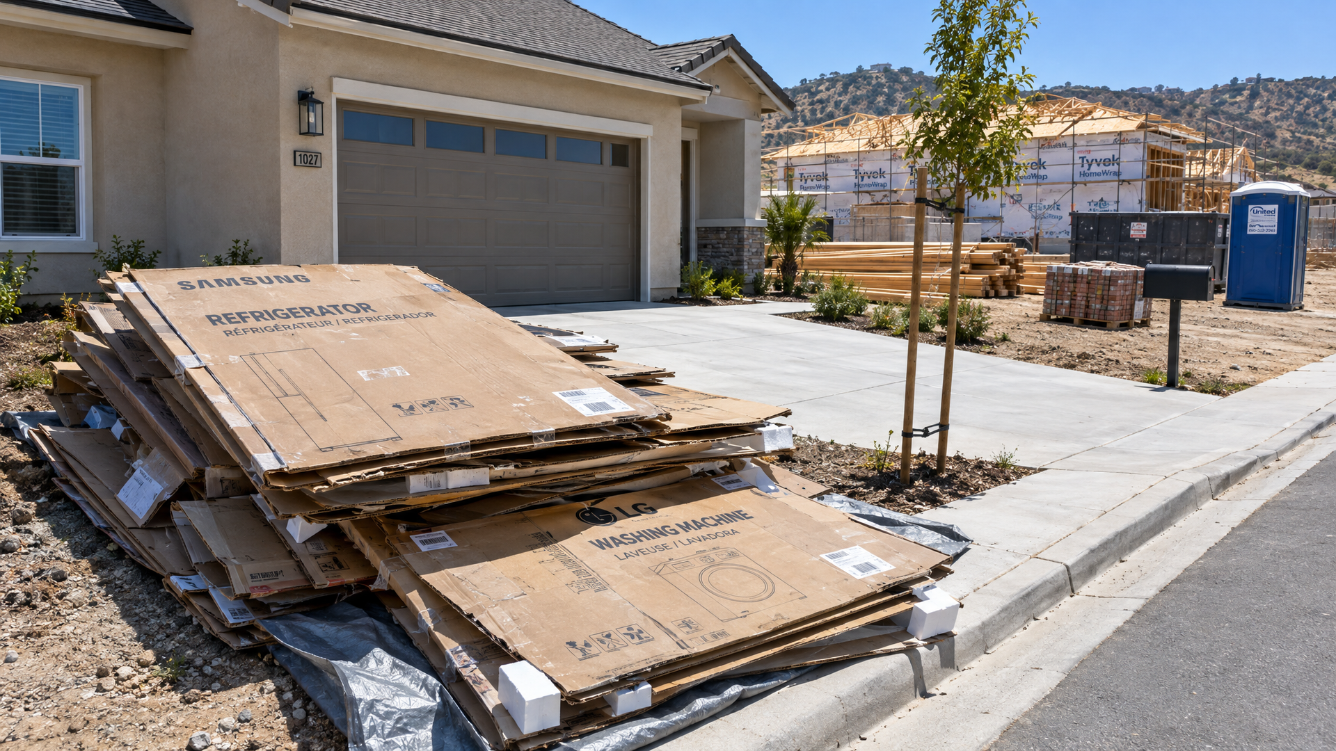 Moving boxes and packaging piled outside a new home in the Fanita Ranch community, Santee, CA