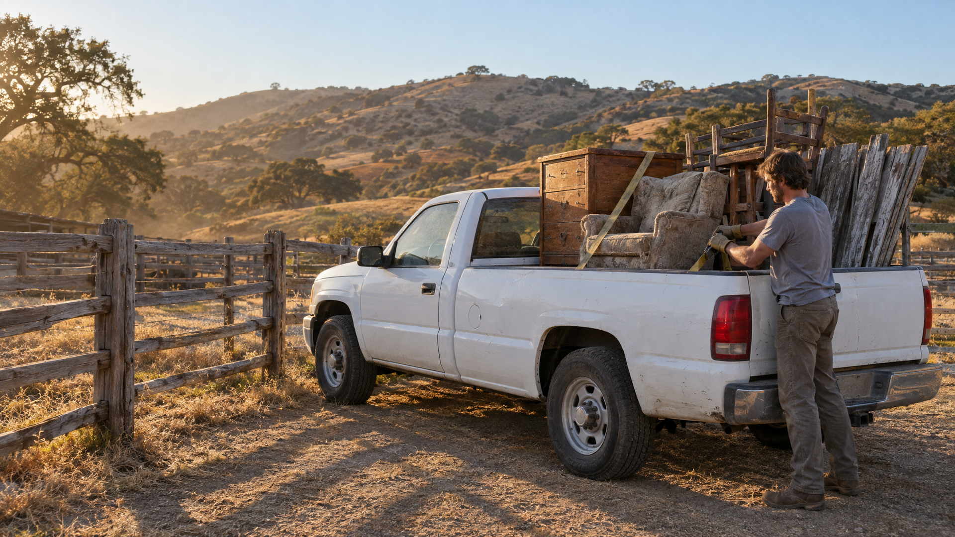 A junk removal truck loading furniture and old fence panels beside a horse corral on a Lakeside, CA