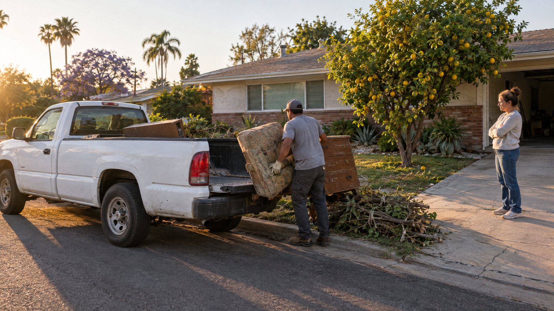 A junk removal crew loading furniture and tree trimmings at a ranch-style home with a lemon tree