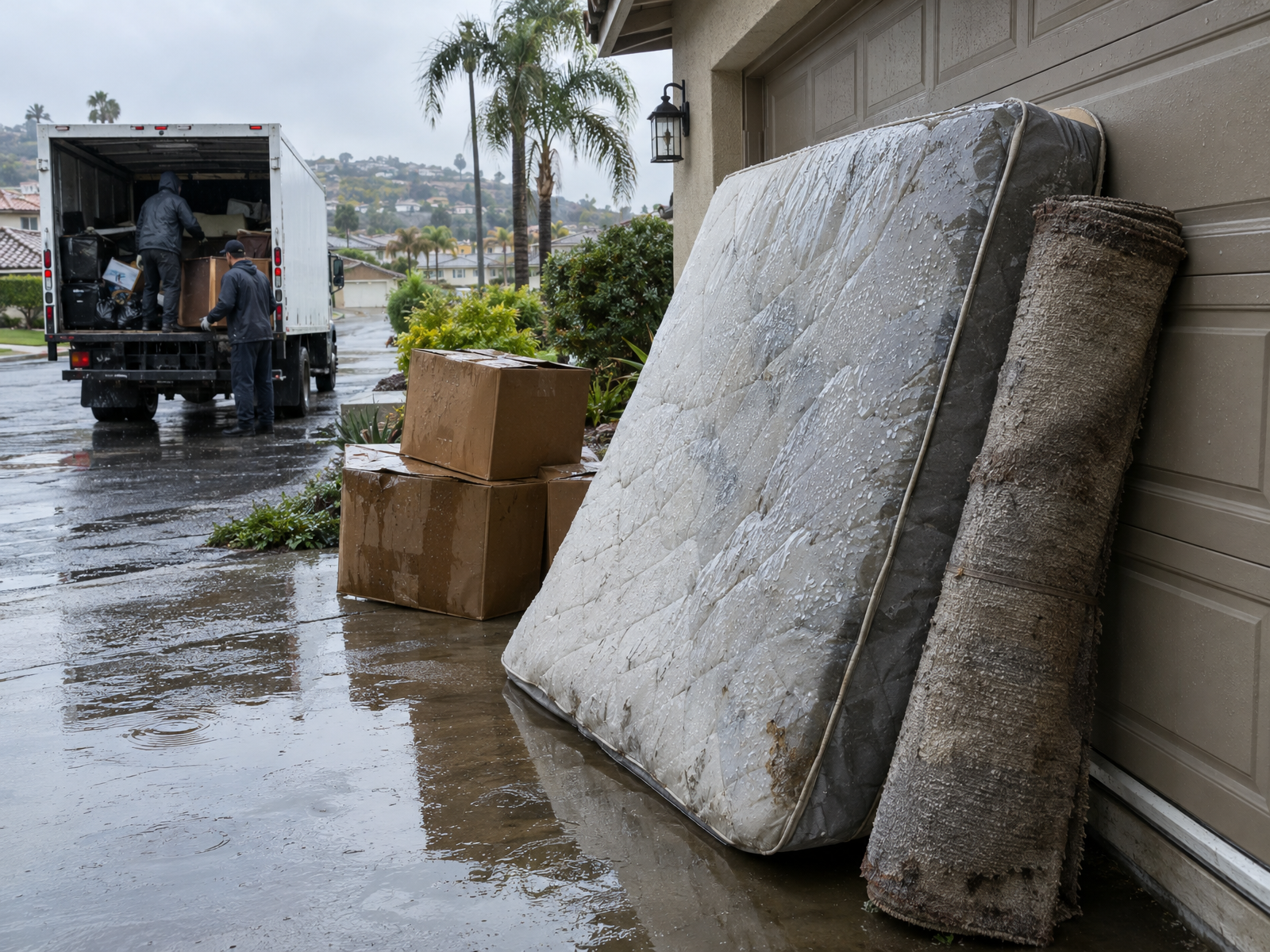A soaked mattress and rolled wet carpet outside a Santee garage as a junk removal crew loads a truck