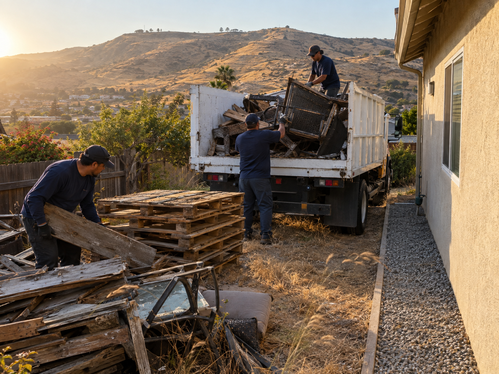 A junk removal crew clearing lumber and pallets from the side of a Santee home
