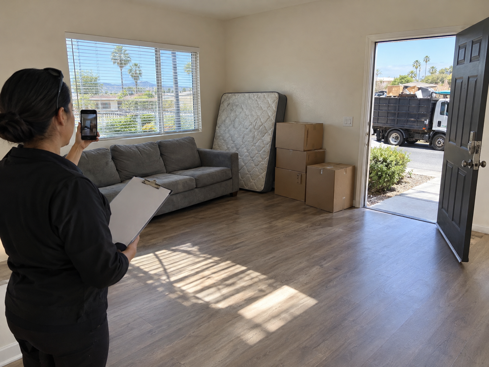 A property manager photographing a sofa, mattress, and boxes left in an empty Santee rental