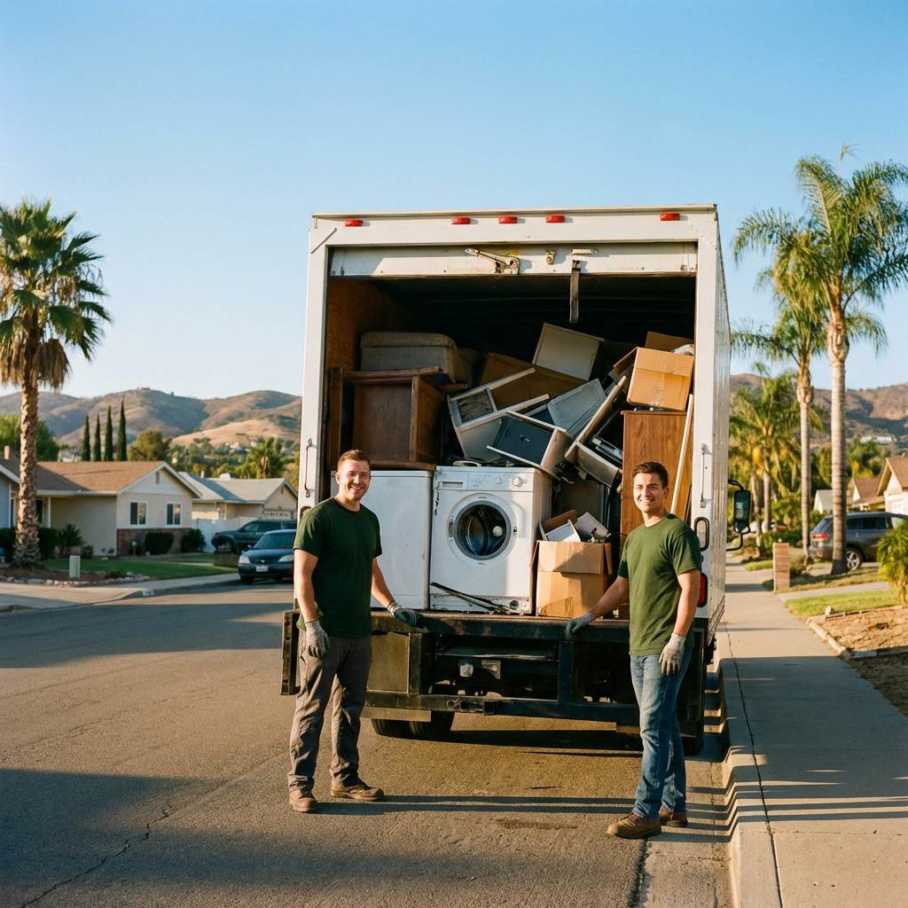 Santee Junk Removal crew unloading appliances and furniture from a truck in a Santee CA neighborhood