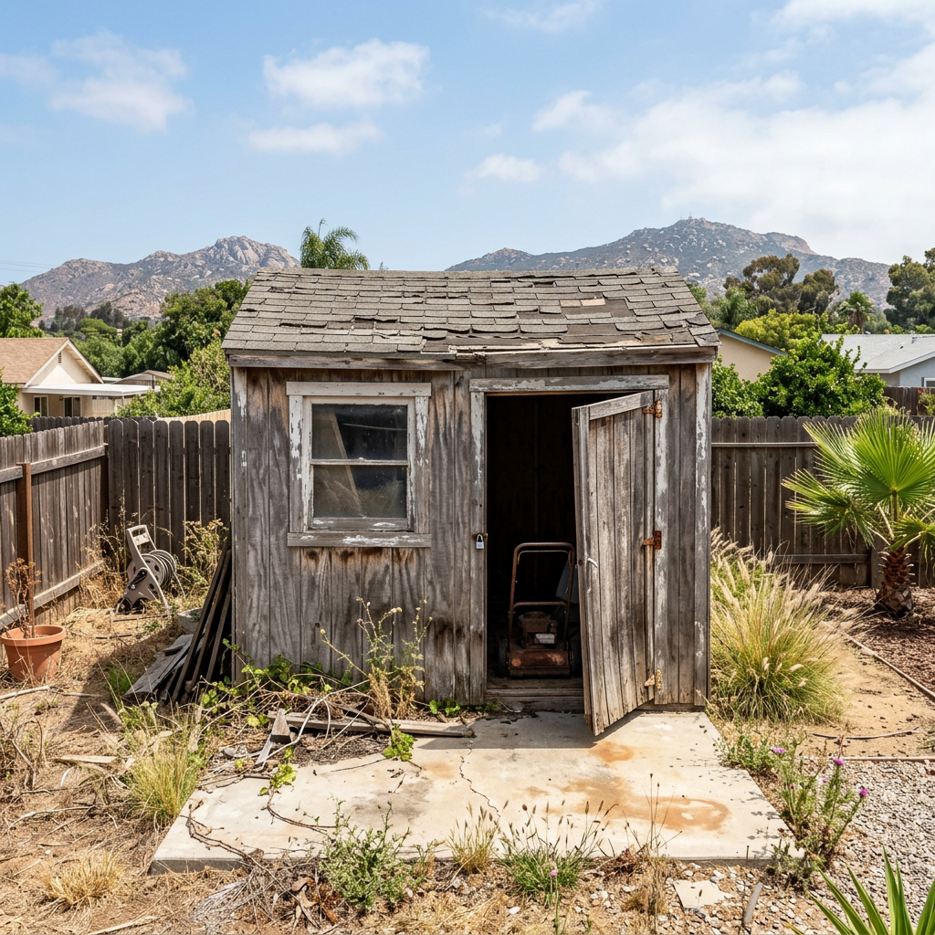 Old weathered wooden backyard shed with sagging roof in Santee, California yard awaiting demolition