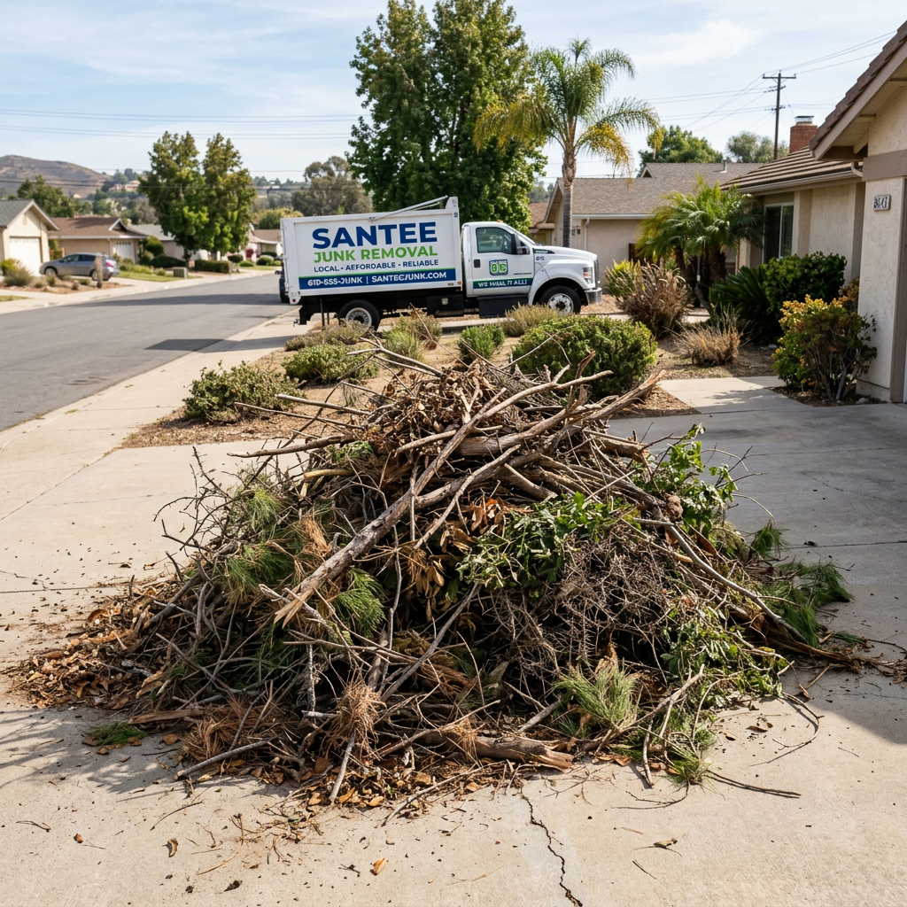 Pile of yard waste and brush clippings on a Santee CA driveway awaiting removal