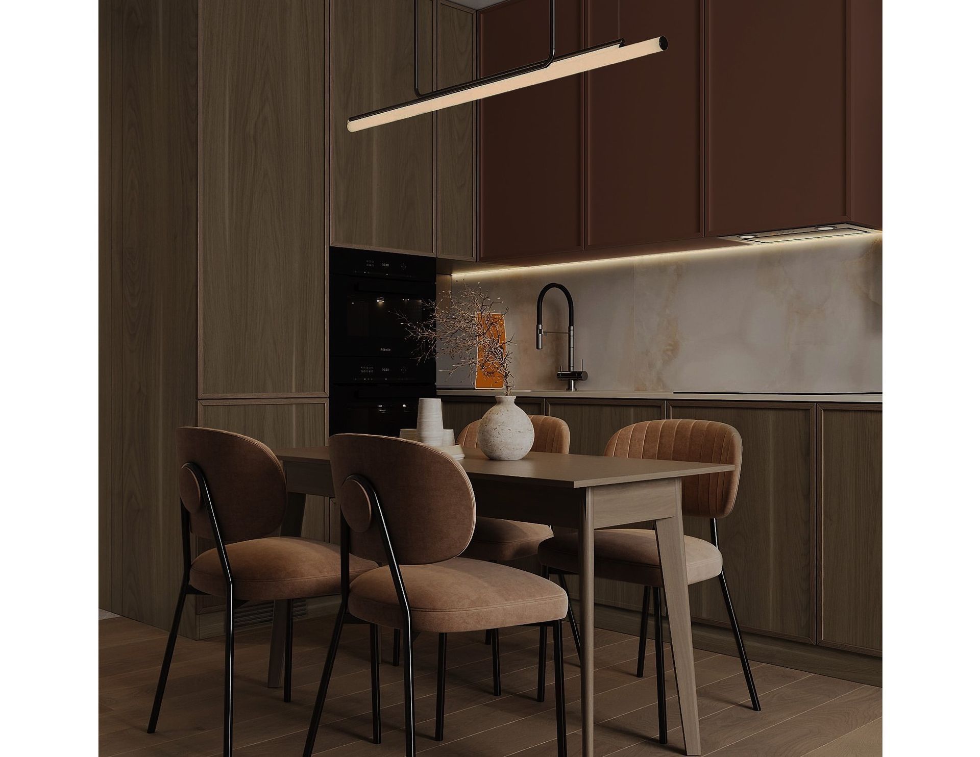 Dining area with table and four chairs, against a dark wood wall and kitchen cabinets.