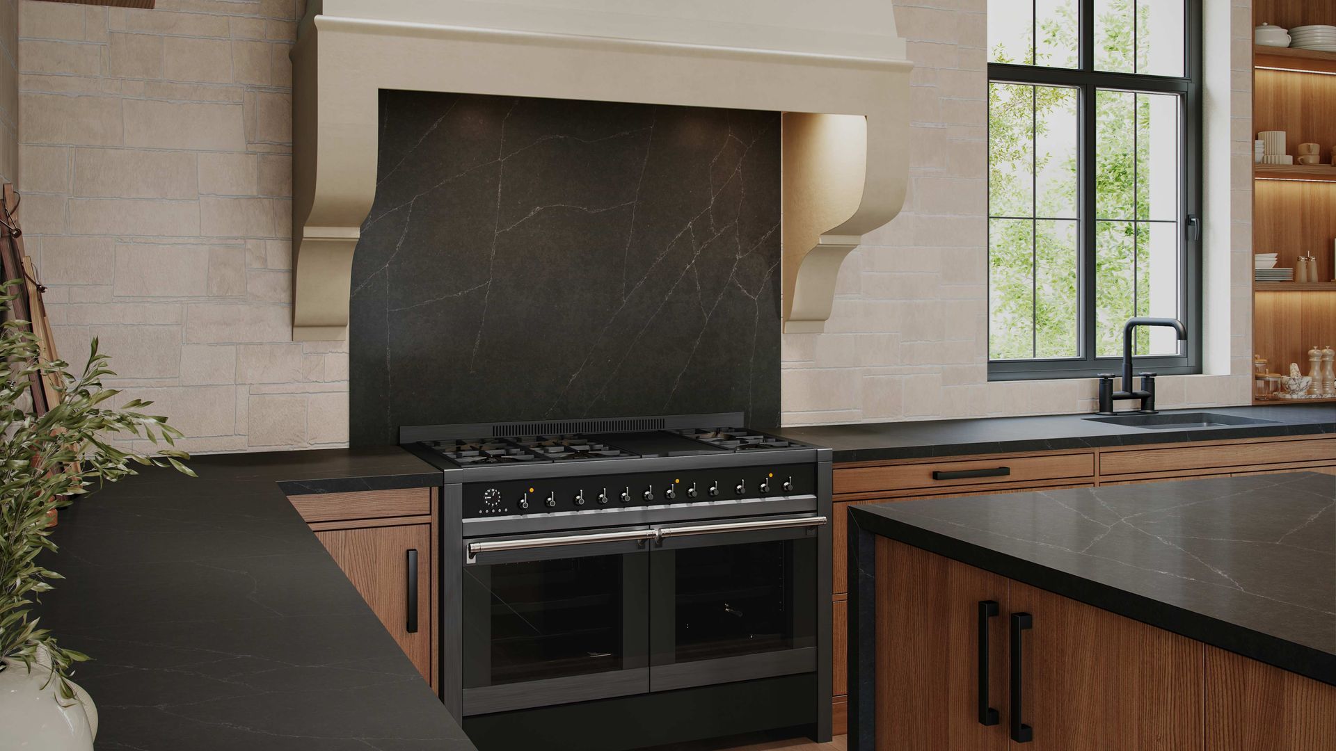Modern kitchen with black appliances, wooden cabinets, and large window.
