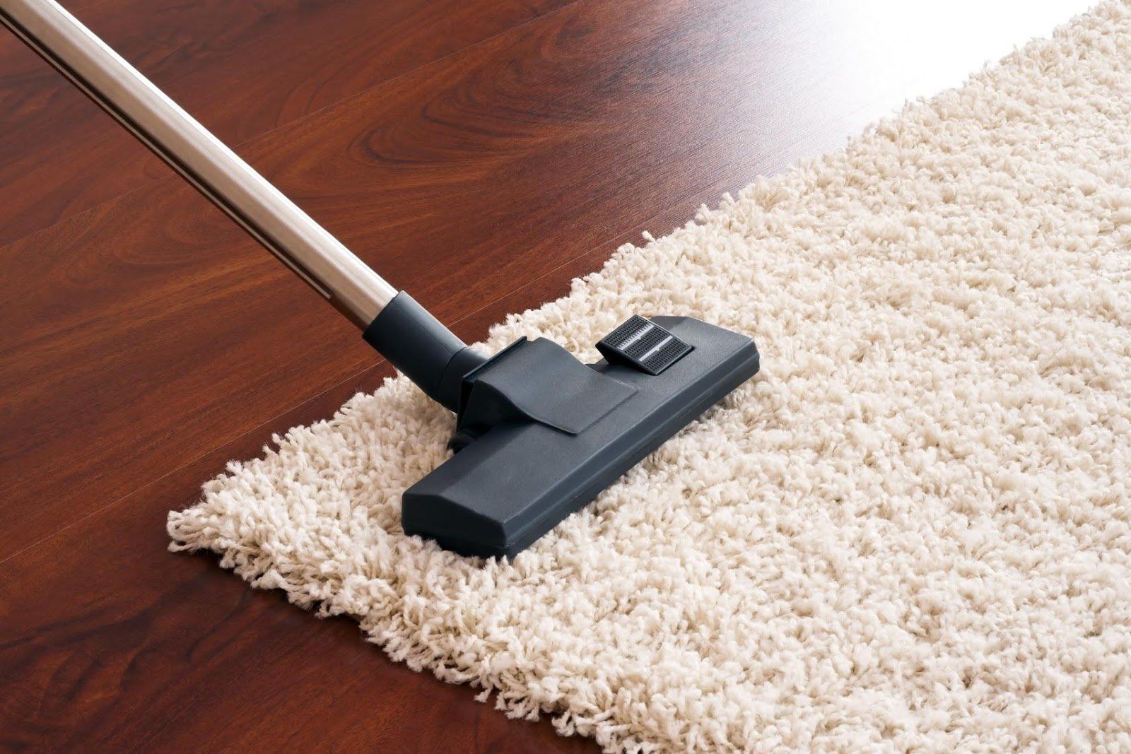 A vacuum cleaner is cleaning a rug on a wooden floor