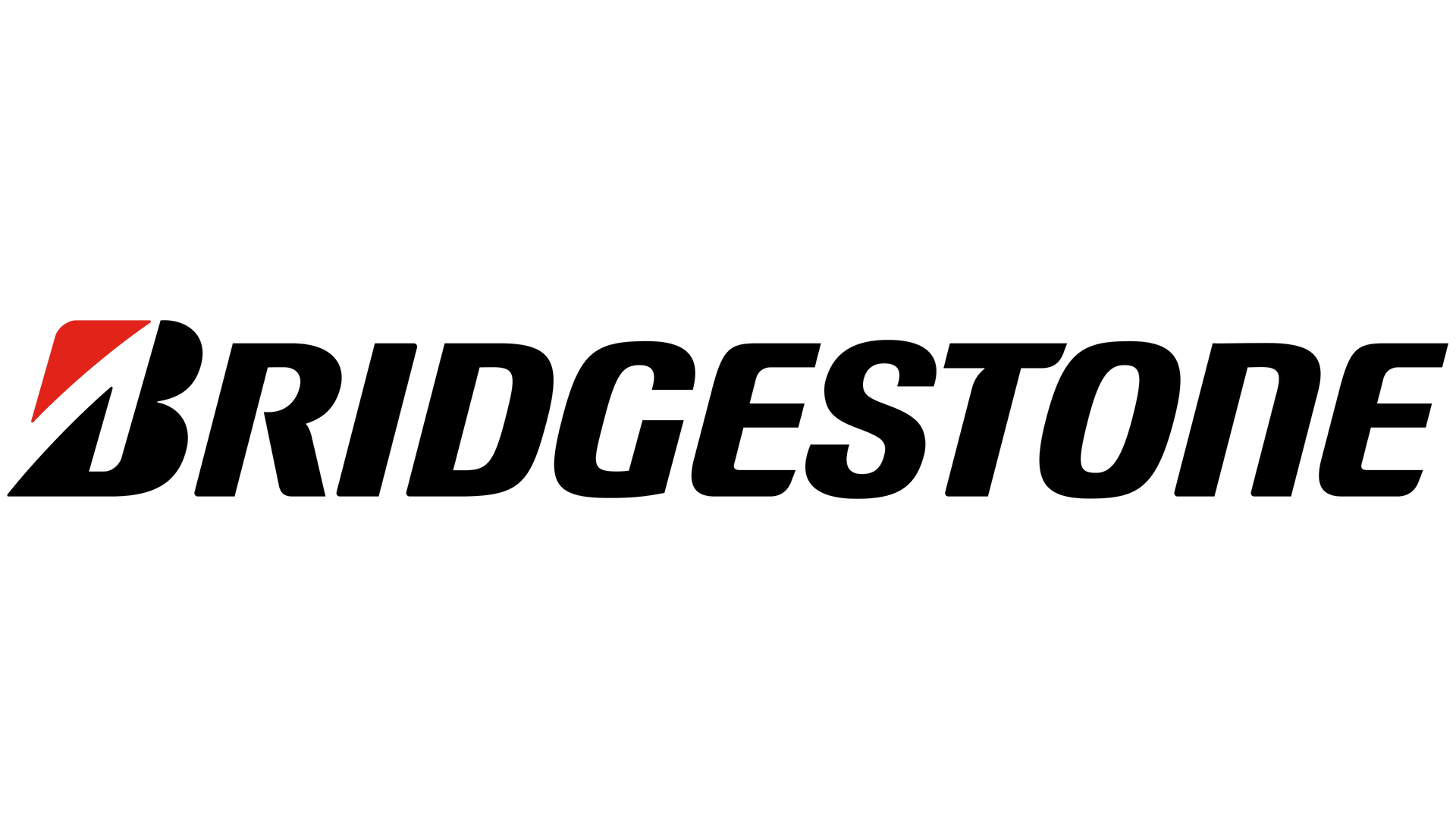 Logo Bridgestone con grafica angolare nera e rossa sopra la scritta nera 