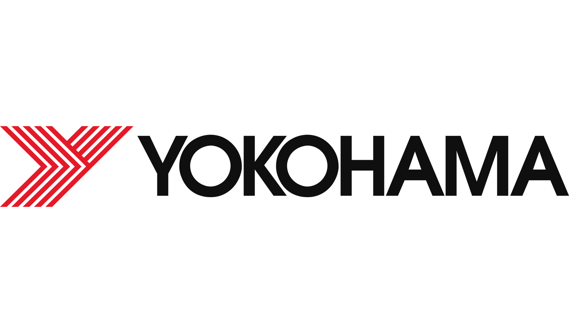 Logo del pneumatico Yokohama: rosso, disegno a chevron, testo nero 