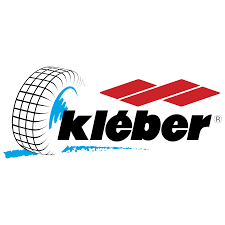 Logo degli pneumatici Kleber: pneumatico stilizzato accanto a forme rosse e al nome del marchio in nero.