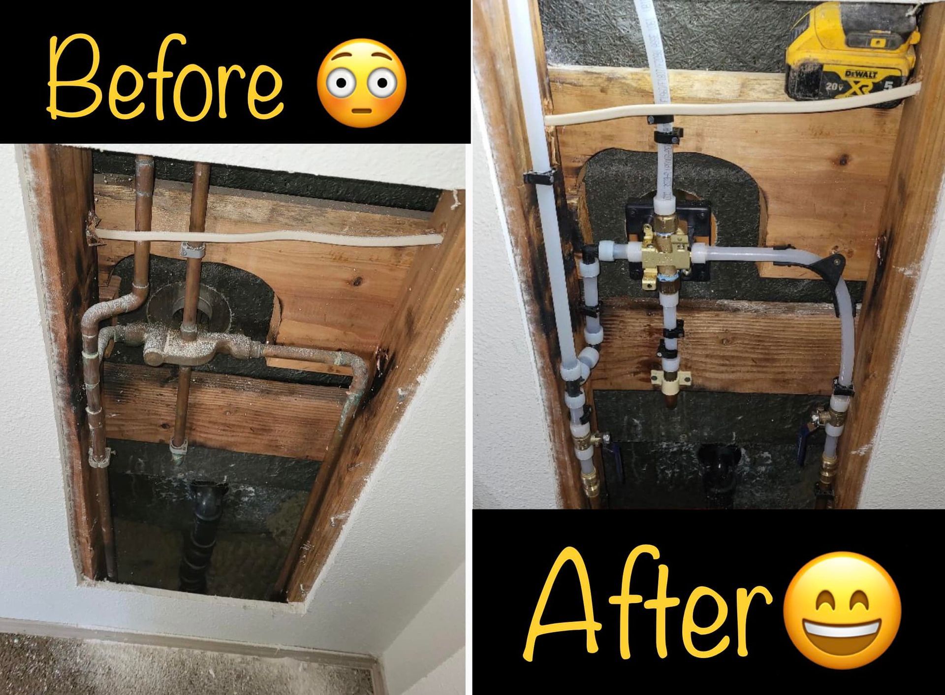 A before and after picture of a plumbing job