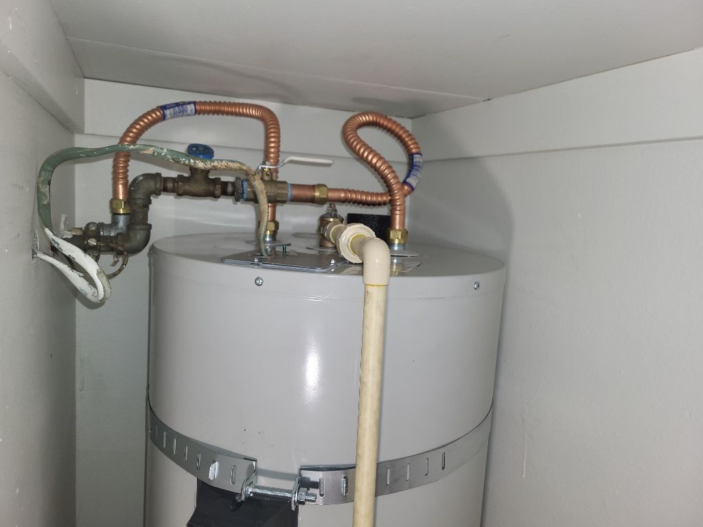 A water heater is sitting in a corner of a room with copper pipes attached to it.