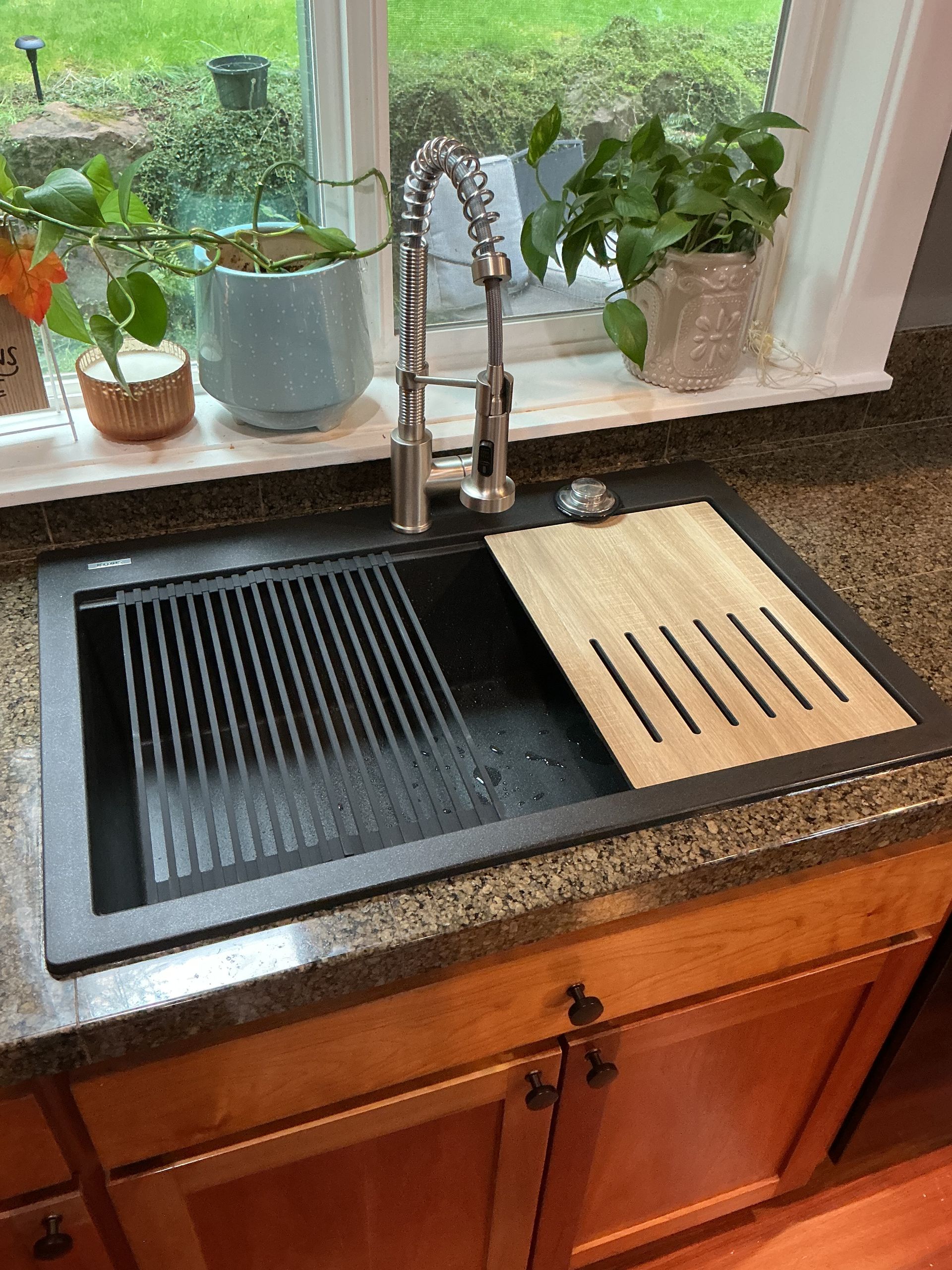 Kitchen sink with black basin, drying rack, and wooden cutting board under a window with potted plants.
