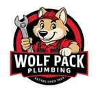 Wolf Pack Plumbing logo with a cartoon wolf in red holding a wrench and text &ldquo;WOLF PACK PLUMBING&rdquo;