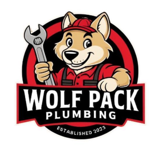 Wolf Pack Plumbing logo with a cartoon wolf in red holding a wrench and text “WOLF PACK PLUMBING”