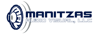 Manitzas Audio Visual, LLC logo in blue and white with circular headphone icon
