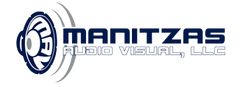 Manitzas Audio Visual, LLC logo in blue and white with circular headphone icon