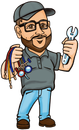 A cartoon of a man holding a wrench and a bunch of hoses. A cartoon of a man holding a wrench and a bunch of hoses.