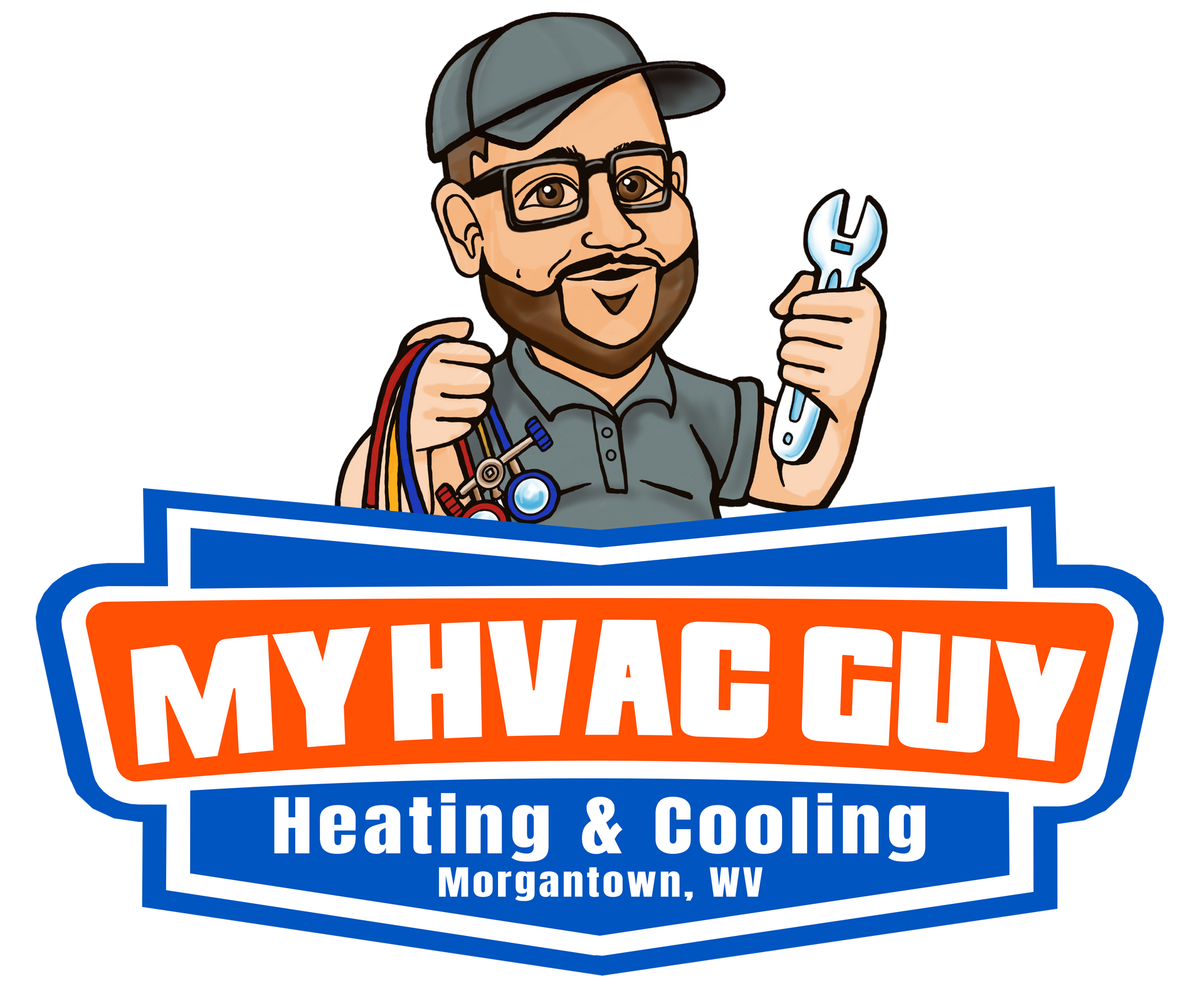 The logo for my hvac guy heating and cooling is a cartoon of a man holding a wrench. The logo for my hvac guy heating and cooling is a cartoon of a man holding a wrench.