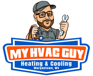 The logo for my hvac guy heating and cooling is a cartoon of a man holding a wrench. The logo for my hvac guy heating and cooling is a cartoon of a man holding a wrench.