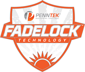 Logo for PennTek Industrial Coatings' Fadelock Technology, with an orange and white shield design and a sun icon.