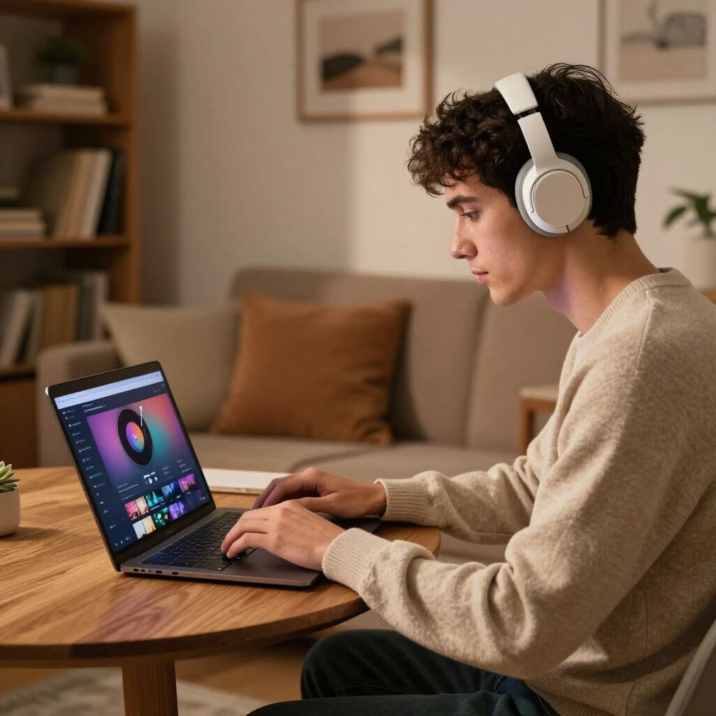 Person wearing headphones using a laptop at a table, indoors, near a couch.
