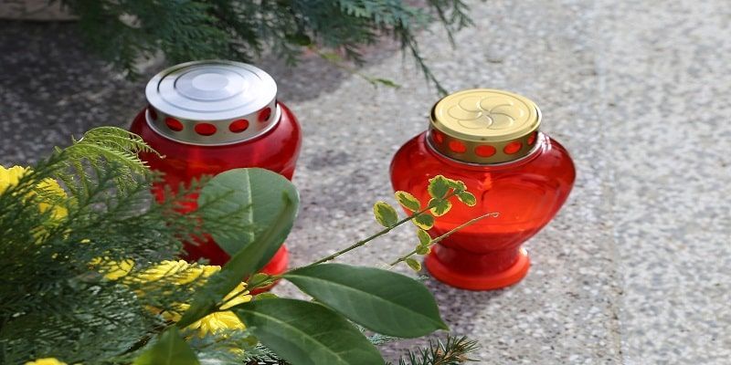 Two red candles are sitting on the ground next to a plant.