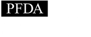 A black and white logo for pfda on a white background.