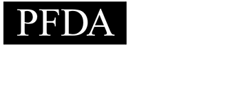 A black and white logo for pfda on a white background.