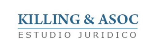 Logotipo de Killing & ASOC, Estudio Jurídico. Texto azul con una línea horizontal sobre texto gris sobre fondo blanco.