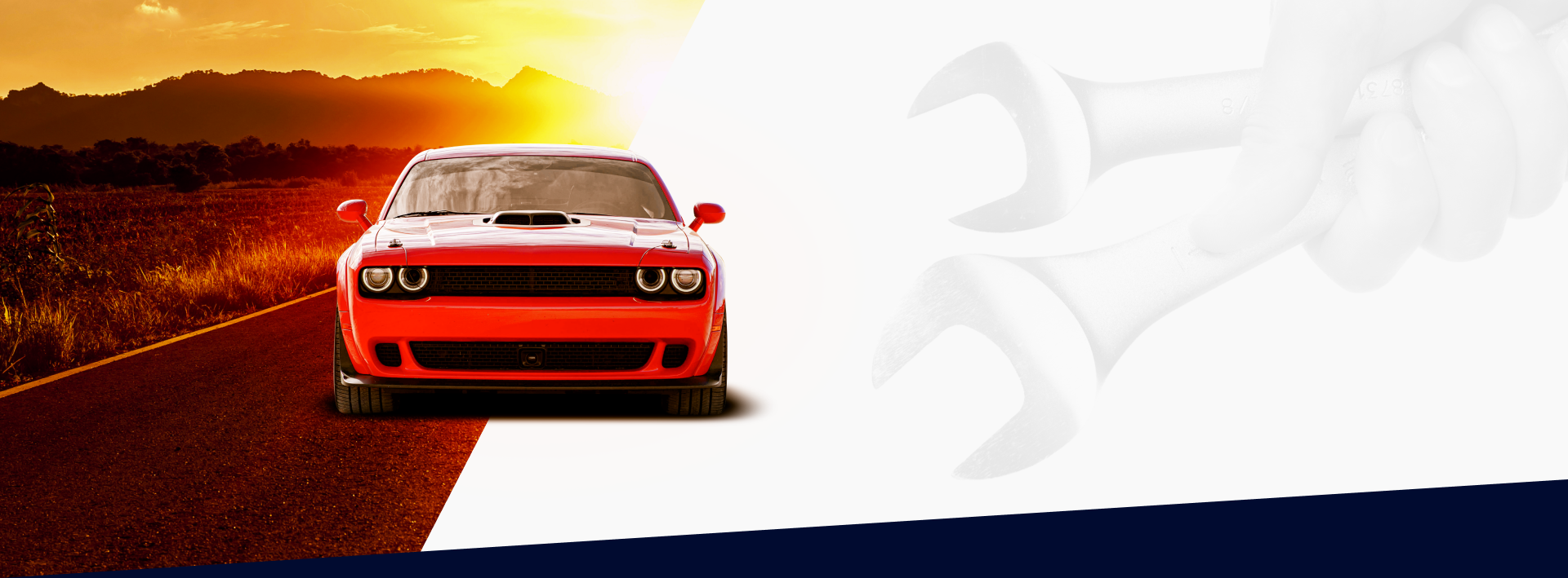 Red Car in front of background with sunset and wrenches | Young's Auto & Services