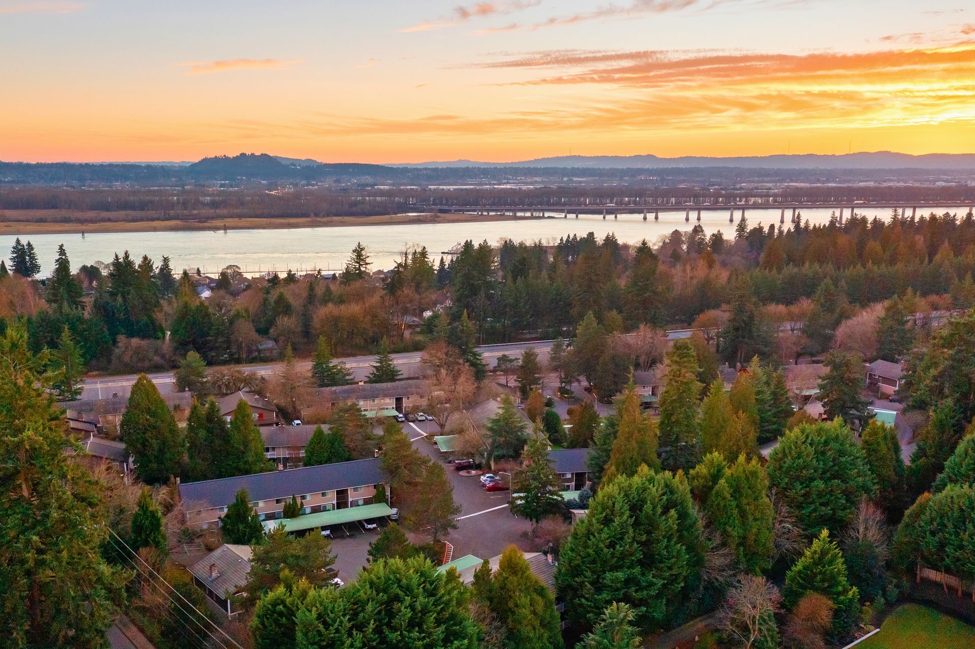 Aerial view of Cascade Park at sunset