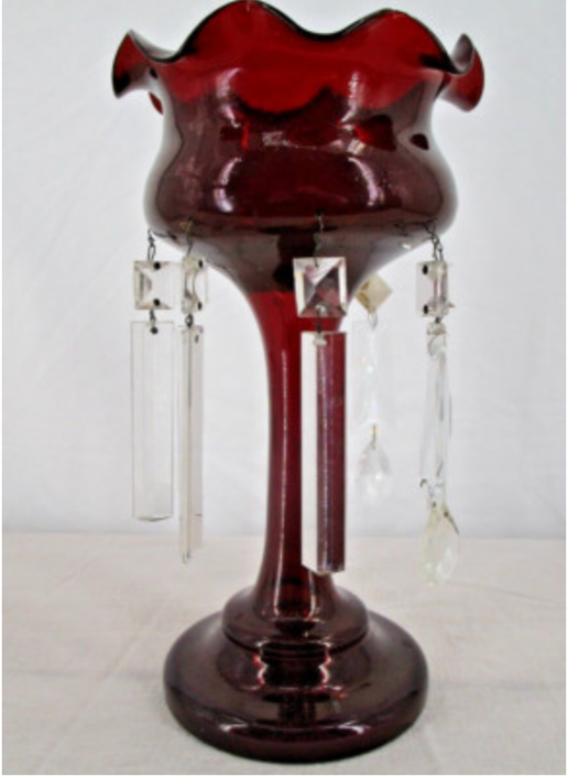 Antique Bohemian Red Mantle Candle Holder w/prisms (12-G-1_