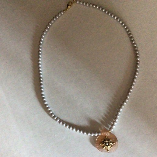 Necklace, Fresh Water Pearls & Glass Ornament, Vintage Brass, (from Faire) (72-A-1)