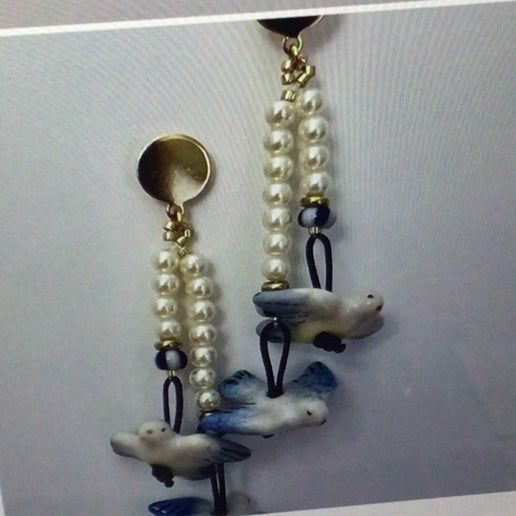 Earrings, Porcelain Birds with Faux Pearls (72-A-4)