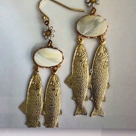 Earrings, Mother of Pearl, Enamel Flower, Gold Plate over Brass (72-A-7)