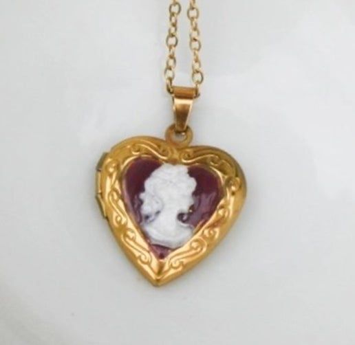 Cameo style Locket Necklace, red background (60-A-1)