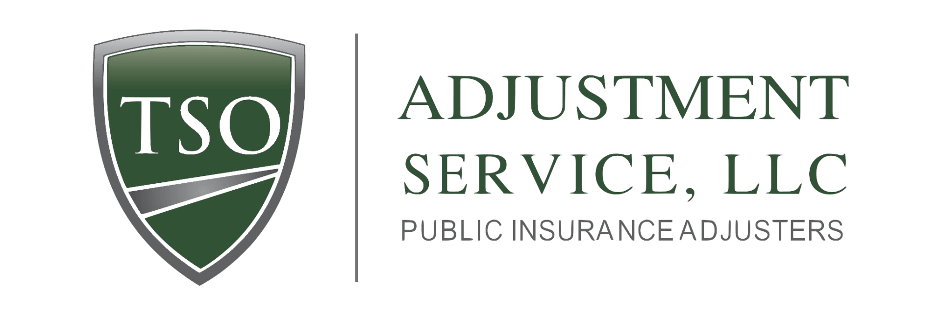 Logo: TSO Adjustment Service, LLC. Shield with TSO and text 
