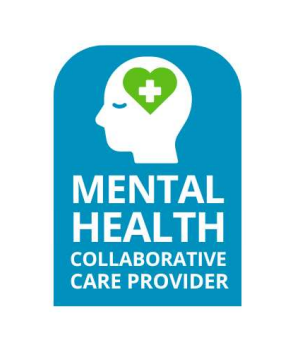 Blue badge with white head silhouette; green heart with plus sign inside;