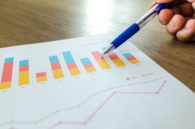 someone pointing at bar graphs on a piece of paper with a blue pen