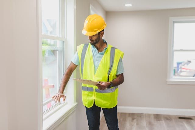 person in hard hat and neon vest checking windows inside house
