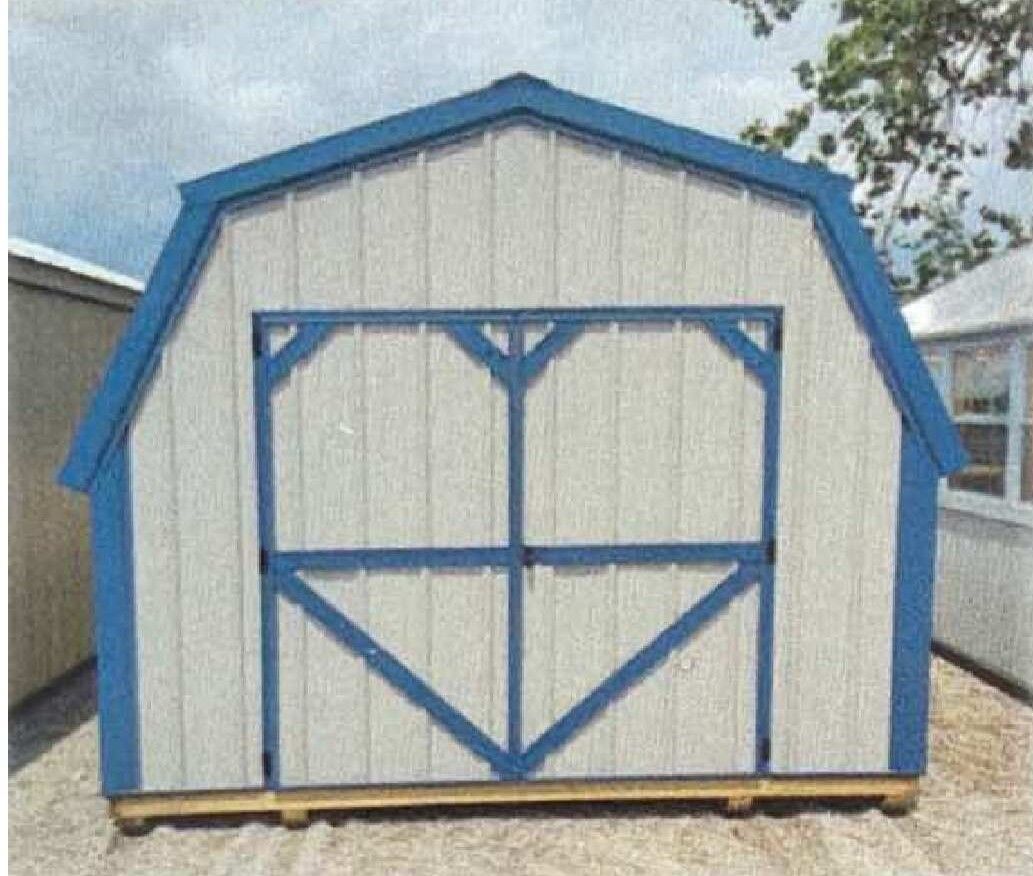 Blue-trimmed beige shed with barn-style double doors on a gravel lot
