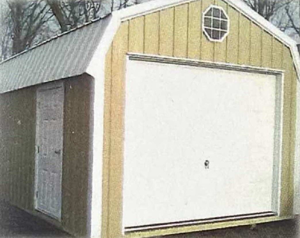 Small yellow and white storage shed with a metal roof and closed double doors in a snowy yard