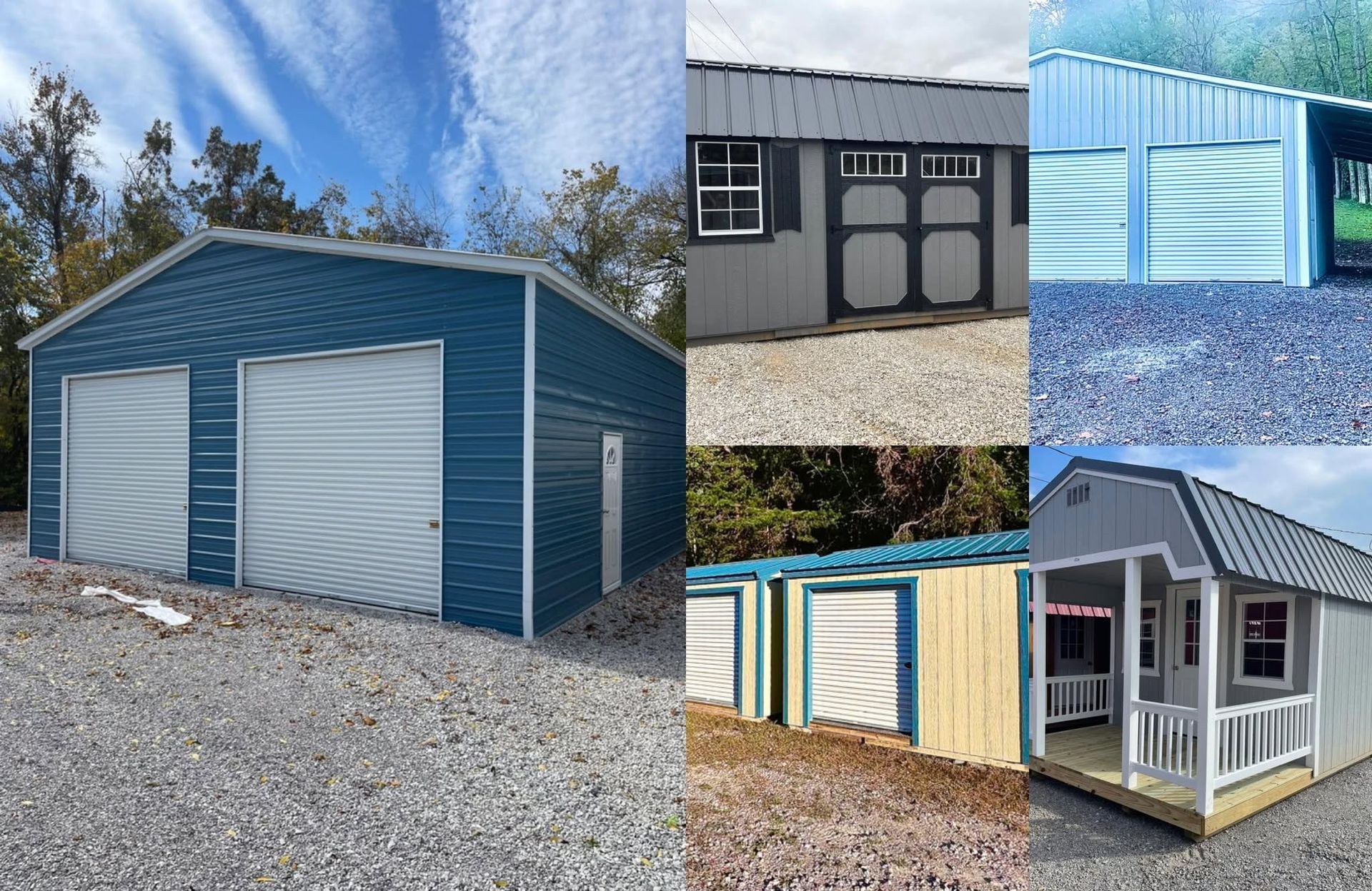 Blue metal storage sheds and garage-style buildings with roll-up doors on a gravel lot