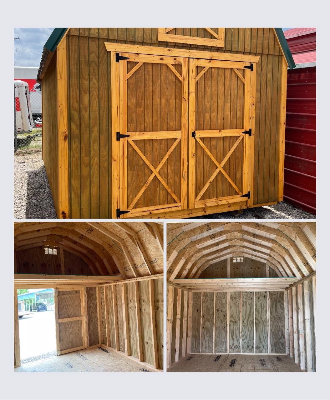 Wooden shed with double barn doors; interior views show unfinished curved wood framing.